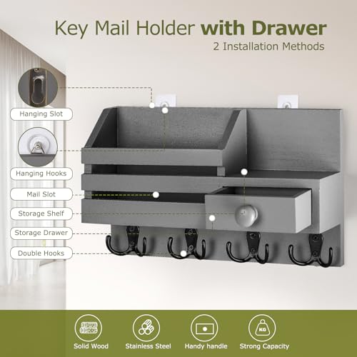 Key Holder Wall Mount, Wooden Key and Mail Organizer, Gray | 2 Mount Options, Includes 8 Hooks, Fence Mail Slot, Small Drawer and Shelf, for Entryway, Hallway, Doorway, Living Room, RV - color: Gray