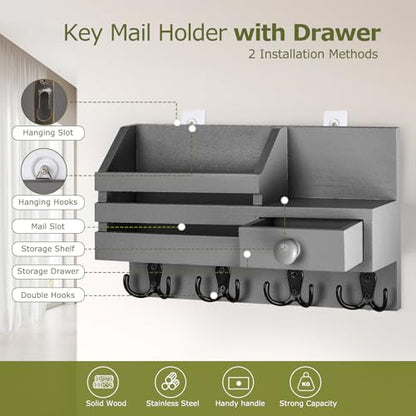 Key Holder Wall Mount, Wooden Key and Mail Organizer, Gray | 2 Mount Options, Includes 8 Hooks, Fence Mail Slot, Small Drawer and Shelf, for Entryway, Hallway, Doorway, Living Room, RV - color: Gray