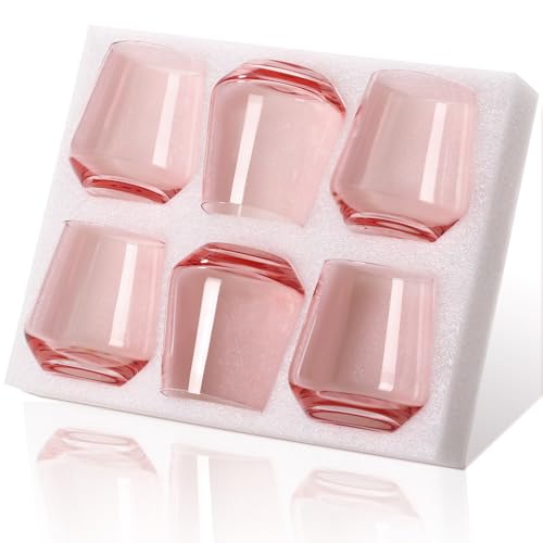 Physkoa Pink Stemless Wine Glasses Set of 6-17 oz Hand-Blown Crystal Pink Glassware with no Stem, Wedding, Birthday Gifts for Women Her Wine Lovers - color: Stemless Pink