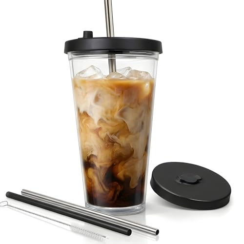 Reusable Iced Coffee Cup with Lid and Straw, 24 oz/Venti, BPA-Free Double-Wall Insulated Plastic Tumbler for Cold Drinks, Includes Clear Plastic Straw, Stainless Steel Straw and Cleaning Brush, Black - color: Black, size: 24 Ounces
