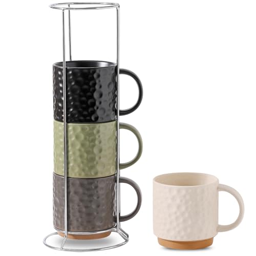 Nihow 16 Oz Ceramic Coffee Mug Set of 4 with Stackable Stand,4 color | Stackable, Stainless Stand Included, Cappuccino & Tea, Hot/Cold Drinks, Dishwasher & Microwave Safe - color: Mixing Color, size: 16 oz With Stand
