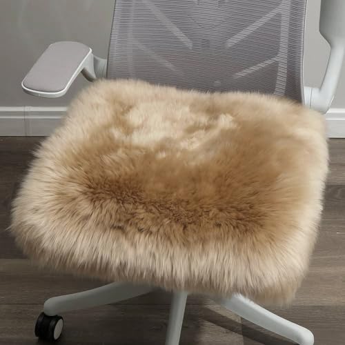 LLB Sheepskin Chair Cushion Non-Slip Back Square Genuine Fur Chair Cover Silky Natural Wool Seat Cushion Pad Soft Area Rugs Carpet for Home Office Restaurant Chair 18x18 Inch (Pack of 1), Tan - color: Tan, size: 18x18 Inch (Pack of 1)