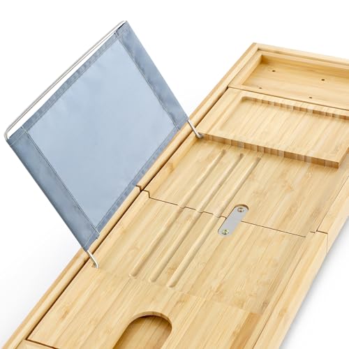 Elama Expandable Bamboo Bath Tray, Adjustable Bathtub Caddy with Book & Tablet Holder, Wine Glass Slot, and Spa Accessory Compartments