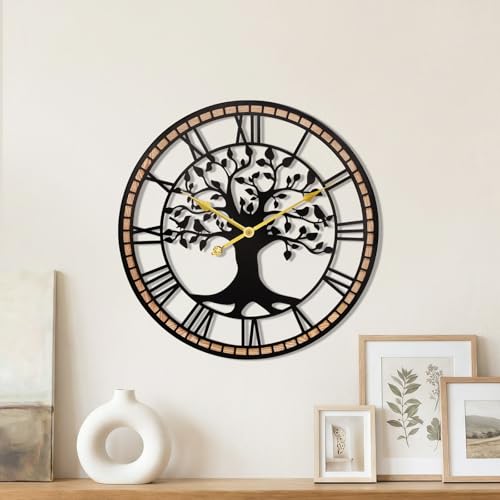 14" Farmhouse Bird Branch Wall Clock with Metal Tree Design | Bird branch accent with quiet movement, hardware included, 1 AA battery not included; approx. 2 lb for compact wall spaces - color: Roma, size: 14'' x 14''