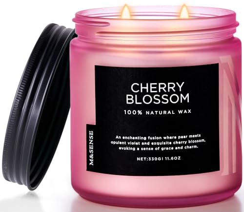 M&SENSE Cherry Blossom Home Scented Candles, 11.6oz Organic Soy Wax | 70-Hour Slow Burn, Clean Non-Toxic, Natural, Spring Floral Aromatherapy for Stress Relief & Relax, Relaxing Candle Gifts - color: Cherry Blossom, size: Medium Jar