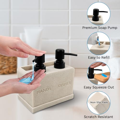 Hand and Dish Soap Dispenser Set for Kitchen Sink,Dual Soap Dispenser with Sponge Caddy and Brush Holder 4-in-1 Countertop Organizer for Kitchen Bathroom,Useful Kitchen Gadgets-Beige - color: 4 in 1 - Beige