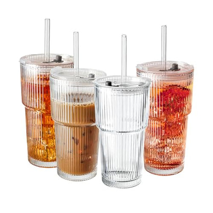 SUROQUE 20oz Ribbed Glass Tumblers with Lids & Straws, Ideal for Iced Coffee, Cocktails & More - Includes Cleaning Brush - color: 4 Pack - 20OZ Standard