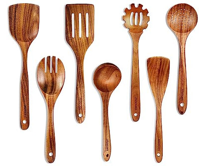 Mooues Wooden Kitchen Utensil Set, 12 Piece Natural Teak with Spoon Rest | Wooden Cooking Utensils with Comfort Grip, Smooth Durable Heat Resistant Cooking Spoons and Utensils Holder for Cooking - size: 7 PCS Set
