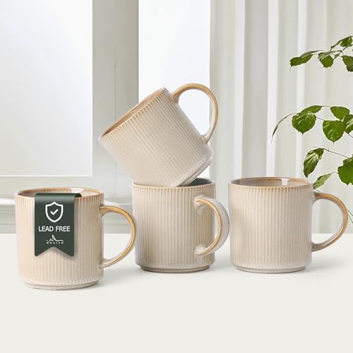 MONITO 16Oz Coffee Mugs Set of 4, Rustic Ceramic Coffee Cups Set with Large Handle, Vintage Striped Stoneware Coffee Mugs for Latte, Cocoa, Tea, Milk, Microwave & Dishwasher Safe, Bonbon Beige - color: Bonbon Beige, size: 4PCS