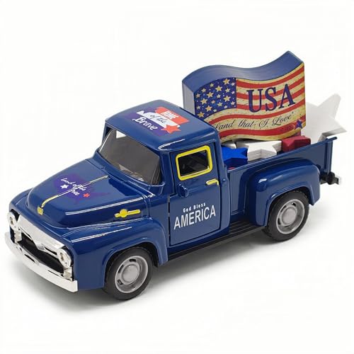4th of July Decorations Patriotic Vintage Metal Truck Decor with Wooden USA Flag & Stars for Home & Office, America 250th Anniversary Independence Day Memorial Day Patriotic Table Centerpiece Gifts - color: 4th of July-blue