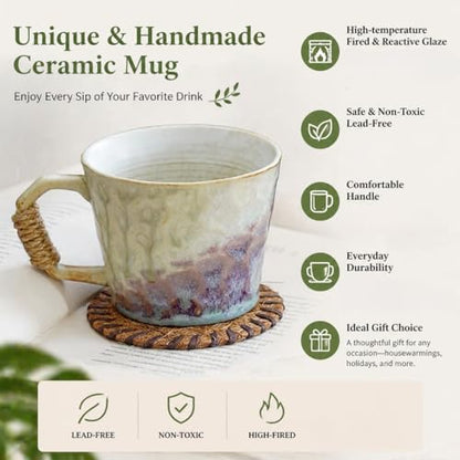 10oz Handmade Ceramic Tea Cup with Handle, Pottery Tea Mug | Lead-Free,Retro Vintage Japanese Style, Small Handmade mug,Reactive Glaze Artisanal Tea cup, Purple