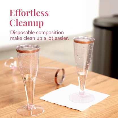 Prestee Set of 24 Plastic Champagne Flutes Disposable - Silver Glitter Pink Champagne Glasses with Rose Gold Rim, Elegant Toasting Cups for Weddings, Cocktail Parties, New Year's Celebrations - color: Rose Gold Rim/Glitter, size: 24 Count (Pack of 1)