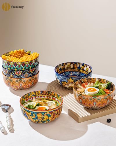 Yeacccng Bohemian Cereal Bowls Set of 6, 5.9 Inch 27 Oz Ceramic Soup Bowls, Microwave Dishwasher Safe, Lead-Free Scratch-Resistant for Oatmeal Pasta Salad, Colorful Boho Bowls