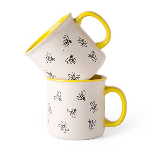 AmorArc 22 OZ Large Ceramic Coffee Mugs, Oversized Soup Cups With Big Handle for Men Women Dad Mom, Big Mug With Textured Bees Patterns for Office & Home -Microwave Safe, 2 Pcs - color: Yellow-Bees