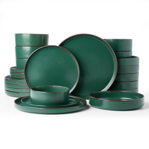 Famiware Nebula Ridge 24-Piece Dinnerware Set with Pasta Bowls, Dark Green | Stoneware Plates and Bowls for 6, Warm Hand-Painted Rims, Microwave and Dishwasher Safe - color: Dark Green, size: Service for 6 (Include Pasta Bowls)