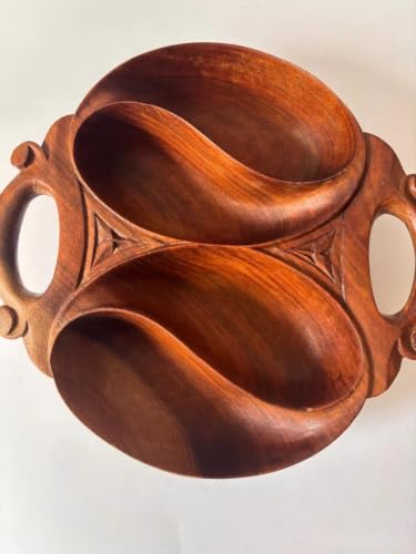 Handcrafted Wooden Divided Serving Bowl with Handles, 3-Compartment Snack Tray, Rustic Carved Wood Fruit Nut Dish for Kitchen Counter Dining Table Party, Brown