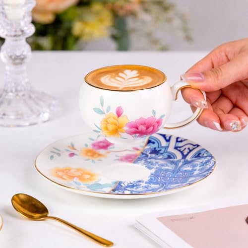 KAMMAK Tea Cups and Saucers Set of 2, Fine Bone China Coffee Cups, GH015 | Stackable Espresso Mugs, Ceramic Demitasse for Coffee, Cappuccino, Latte, Americano, Tea - size: 8KPGH015