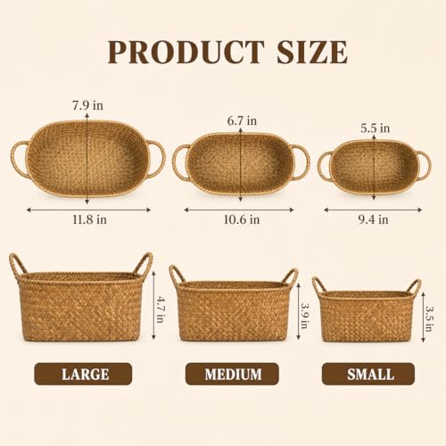 Elsjoy Set of 3 Woven Seagrass Baskets with Handles, Oval Wicker Woven Storage Baskets, Rattan Shelf Basket for Fruit, Bread, Kitchen