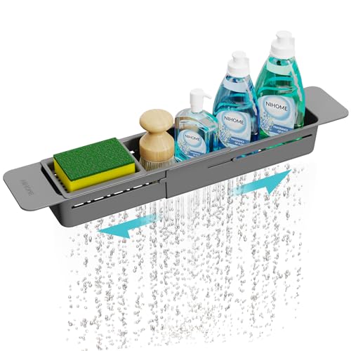 NiHome Extendable Kitchen Sink Caddy Extra Long Brush Sponge Storage Holder | Expandable Kitchen In Sink Organizer Extra Long for Brush Sponge with Drainage, Adjustable Length Non-Slip Pads (Dark Gray) - color: Dark Gray, size: Extra Long