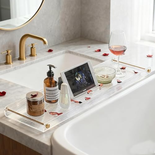 Acrylic Bathtub Tray, NEWRAIN Luxury Bath Caddy Tub Table,Unique House Warming Gifts, New Home, Anniversary and Wedding Gifts for Couple, Bathroom Accessories for Spa or Reading Lite Style