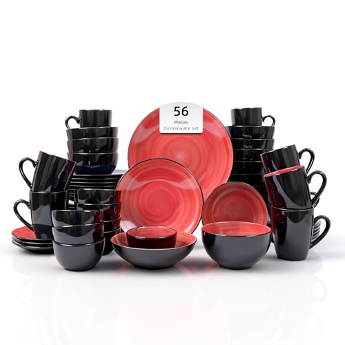 Stoneware Sonoma 56pc Dinnerware Set, Black + Speckled Spin Wash Red - color: Red