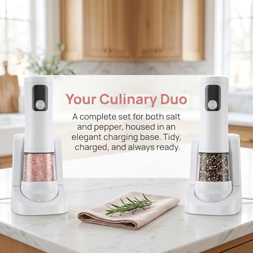 Electric Salt and Pepper Grinder Set, Rechargeable Automatic Pepper Mill with Base,Display, LED Lighting, Large Capacity-Ideal for Kitchen, BBQ Gifts - color: White
