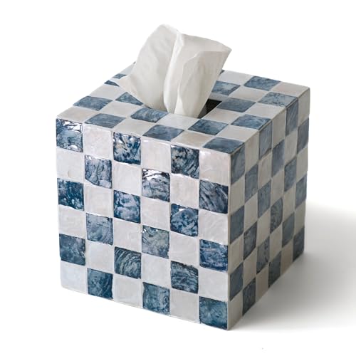 5.5" Capiz Square Tissue Box Cover, Cube Tissue Holder, Navy | Bottom Slider, Checkered Pattern, Navy Blue Tissue Box Cover For Kleenex, Decorative Tissue Box Cover, Bathroom Accessories - color: Navy Blue