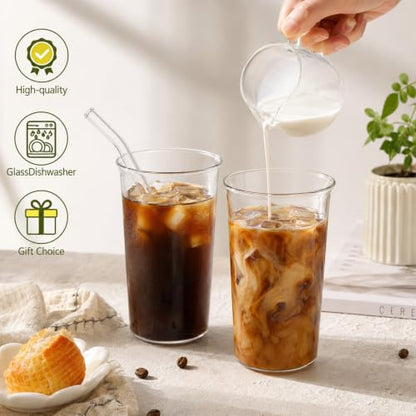 6 Piece Drinking Glasses 16 Oz Clear Drinking Glass with Straws Highball Glasses with Glass Straws Kitchen Glassware for Juice Coffee Cocktail Home Restaurant Party Tea, Water, Gift