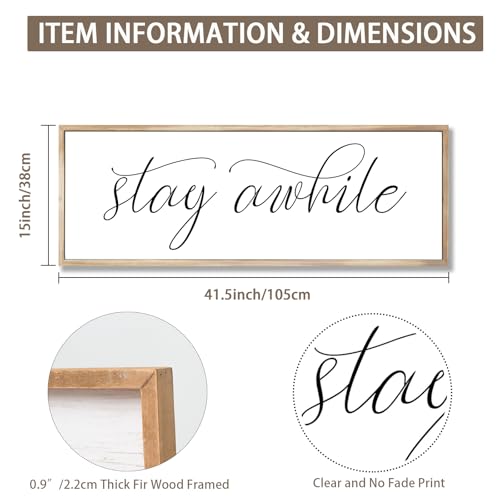 Rutiyoka Stay Awhile Sign Framed Farmhouse Dining Room Wall Decor Large 42"×15" Wood Kitchen Wall Art Brown - color: stay awhile (brown frame)