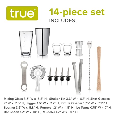True 14-Piece Barware Set with Wood Stand for Mixing Cocktails and Drinks, Perfect Home Bar Accessories, Mixology Bartender Kit, Bartending Supplies - size: 14-Piece