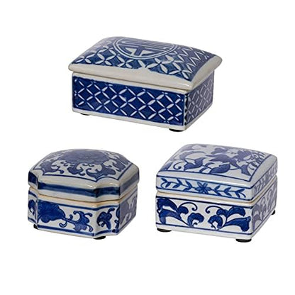 A&B Home Decorative Porcelain Box with Lid Blue and White Set of 3 Glazed Ceramic Hand Painted Jars Centerpiece Asian Decoration