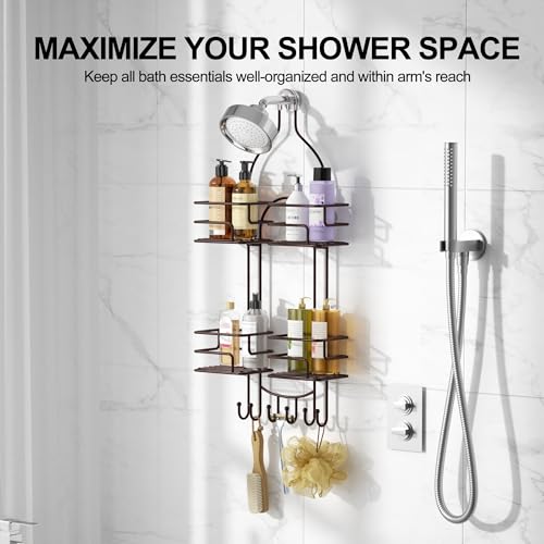 SRIWATANA Shower Caddy Hanging, Shower Organizer with Razor Hooks, Bronze | Rustproof Shower Rack, No Drilling Shelves Over Shower Head, Anti-Swing Scution Install, Bathroom Holder for Sponge Loofah - color: Bronze