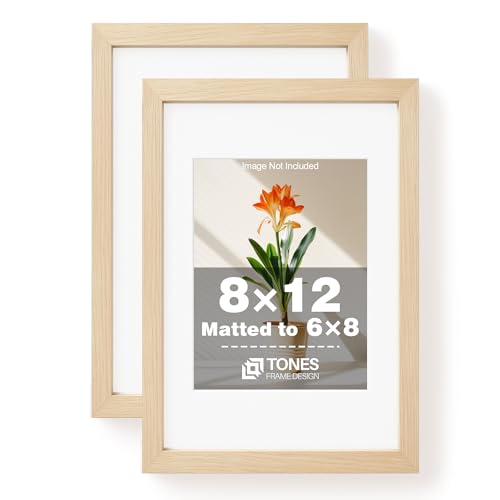 TONES FRAME DESIGN 8x12 Picture Frame Set of 2 Natural Solid Wood Veneer Finish 8x12 frame Matted to 6x8 Photo Frames with Shatterproof Plexiglass Wooden 8 by 12 Poster Frame for Gallery Home Decor, 2 Pack - color: Natural, size: 8x12 - 2 Pack