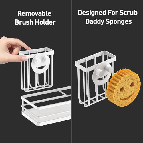 Moforoco Kitchen Dish Soap Dispenser Set, 16OZ Glass Bottle, Hand and Dish Soap Dispenser Set, Instant Dry Tray, Brush Holder with Smiley Face Sponge Holder (White Tray+Black&White Bottle) - color: White Tray+black&white Bottle