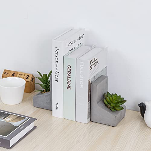 MyGift Concrete L-Shaped Bookends with Artificial Succulent Plants, 1 Pair | Weighted concrete construction helps keep books upright while faux greenery adds a natural decorative accent to shelves - color: Artificial Succulent