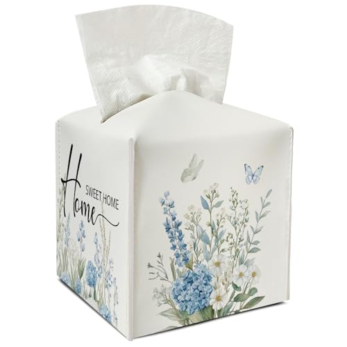 Floral Leather Tissue Holder with Bottom Belt for Women Housewarming Gift Watercolor Tissue Box Cover Bathroom Car Nightstand Vanity Kitchen Decor Waterproof Napkin Organizer Dispenser - FS712 - color: Blue 02