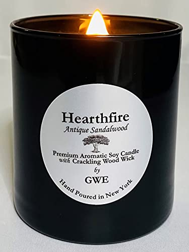 Hearthfire - Sandalwood Scented Soy Candle w/Natural Oils, Wood Wick, Smoky Dark Sweet, Made in The USA in Black Jar - Aromatherapy, Gifts for Housewarming, Birthday, Holidays, Sympathy, Men, Women