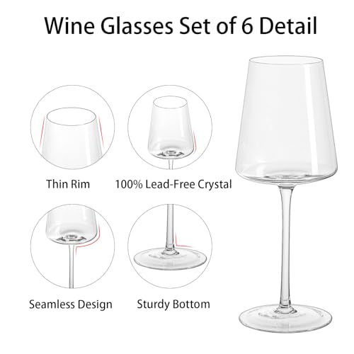 White Wine Glasses Set of 6, 13.5oz, Lead-Free, Dishwasher Safe | Hand Blown Crystal, Long Stem, Modern Square Design, Ready to Gift, Wedding Parties Christmas Daily Use - size: 13.5oz - 6 PCS