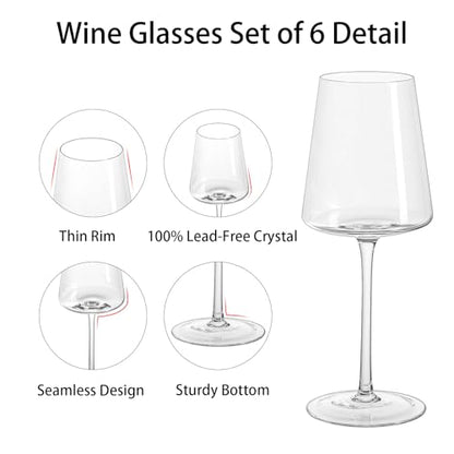 White Wine Glasses Set of 6, 13.5oz, Lead-Free, Dishwasher Safe | Hand Blown Crystal, Long Stem, Modern Square Design, Ready to Gift, Wedding Parties Christmas Daily Use - size: 13.5oz - 6 PCS