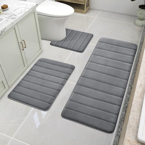 BYSURE Dark Grey Memory Foam Bath Mats Extra Long | Non Slip Extra Soft Absorbent Machine WashableToilet Bathroom Rug Set 3 Piece 20"x32"+24"x44"+U Shape 20"x24" - color: Dark Grey, size: 20"x32"+24"x44"+U Shape 20"x24"