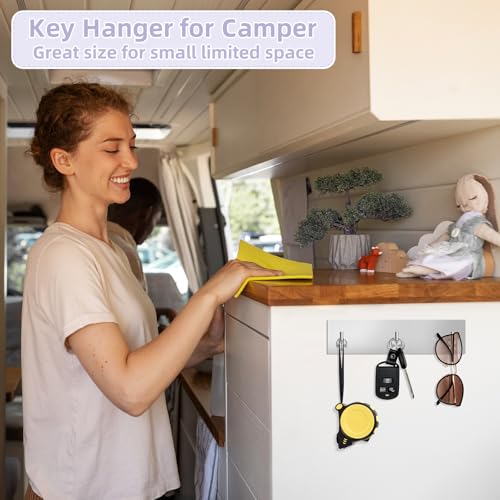 VIS'V Key Holder Wall Mount, Small Adhesive Key Hanger with 3 Hooks, Silver | Metal Material, No Drilling, Extra Adhesive Strip, Suitable for Entryway, Hallway, Doorway, Kitchen, Garage, Camper - color: Silver