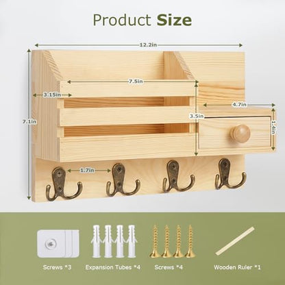 Key Holder Wall Mount, Wooden Key and Mail Organizer, Natural | 2 Mount Options, Includes 8 Hooks, Fence Mail Slot, Small Drawer and Shelf, for Entryway, Hallway, Doorway, Living Room, RV - color: Natural