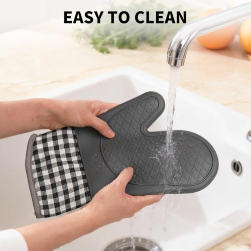 Tifanso 4PCS Heat Resistant Silicone Plaid Oven Mitts & Pot Holders, Grey | Non-Slip Grip Surface, Soft Cotton Lining, Ideal for Cooking Baking Grilling, Easy to Clean, Practical Kitchen Essential