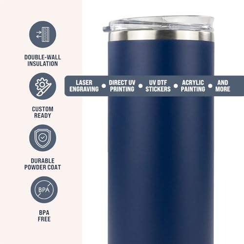 Hogg 20 oz Skinny - Navy Blue, Powder Coated Tumblers for Laser Engraving, Engravable Tumblers Bulk, Stainless Steel Cups Bulk, Insulated Cups with Lids - color: Navy Blue