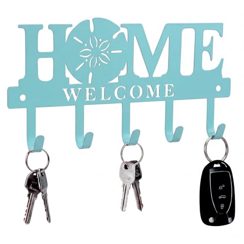 Beach Key Holder Wall Mount Turquoise Blue Sand Dollar Metal Welcome Home Key Hook with 5 Hooks Coastal Blue Hanger Coat Rack Nautical Wall Decor for Entryway Bathroom Living Room 9.8 Inch - style: Starfish Beach