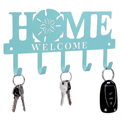 Beach Key Holder Wall Mount Turquoise Blue Sand Dollar Metal Welcome Home Key Hook with 5 Hooks Coastal Blue Hanger Coat Rack Nautical Wall Decor for Entryway Bathroom Living Room 9.8 Inch - style: Starfish Beach