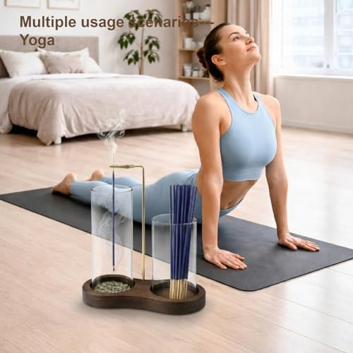 2-in-1 Incense Holder with Glass Ash Catcher & Stick Storage, Wooden Incense Burner for Relaxation, Stress Relief, Mess-Free Home Use, Self-Care, Meditation, Yoga, Bedroom & Living Room (Sapele) - color: Sapele
