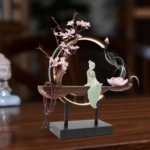 Backflow Incense Burner | Lotus Incense Holder Waterfall Smoke Fountain with Handmade Ceramic & Stable Wood Base for Meditation, Yoga, Tea Room & Home Decor | 32x35cm