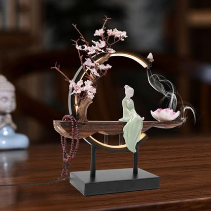 Backflow Incense Burner | Lotus Incense Holder Waterfall Smoke Fountain with Handmade Ceramic & Stable Wood Base for Meditation, Yoga, Tea Room & Home Decor | 32x35cm