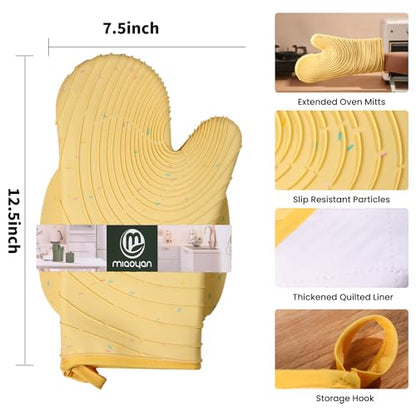 4 Pieces Oven Mitts and Pot Holders of Macaron Color Thickened Non-Slip Silicone Kitchen Gloves, Heat Resistant up to 500F, Essential for Kitchen Baking(makal-Huang) - color: Silicone-yellow